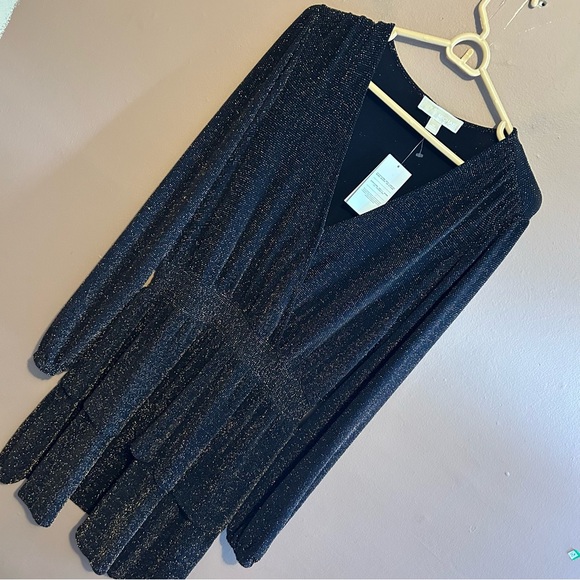 NWT Michael Kors Smocked Waist Tiered Metallic Black & Gold Long Sleeve Dress M - Picture 1 of 6
